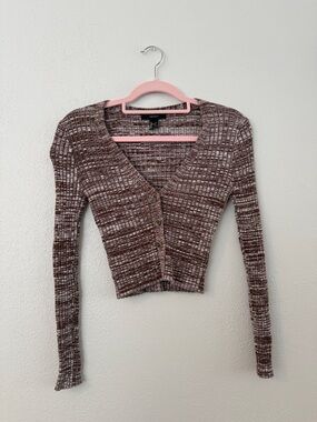 Forever 21 Brown and Cream Cropped Knit Button Cardigan